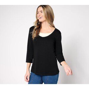 Isaac Mizrahi Live Essentials Micro Pima Layered Top Size Small Pitch Black Chic